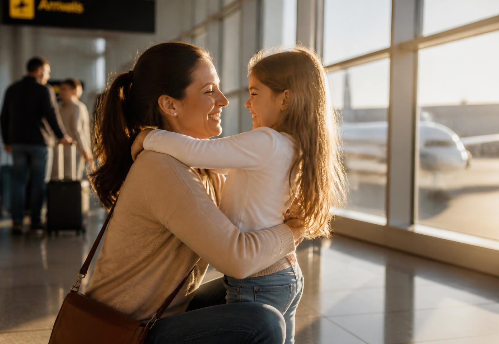 Families reuniting at an arrivals gate