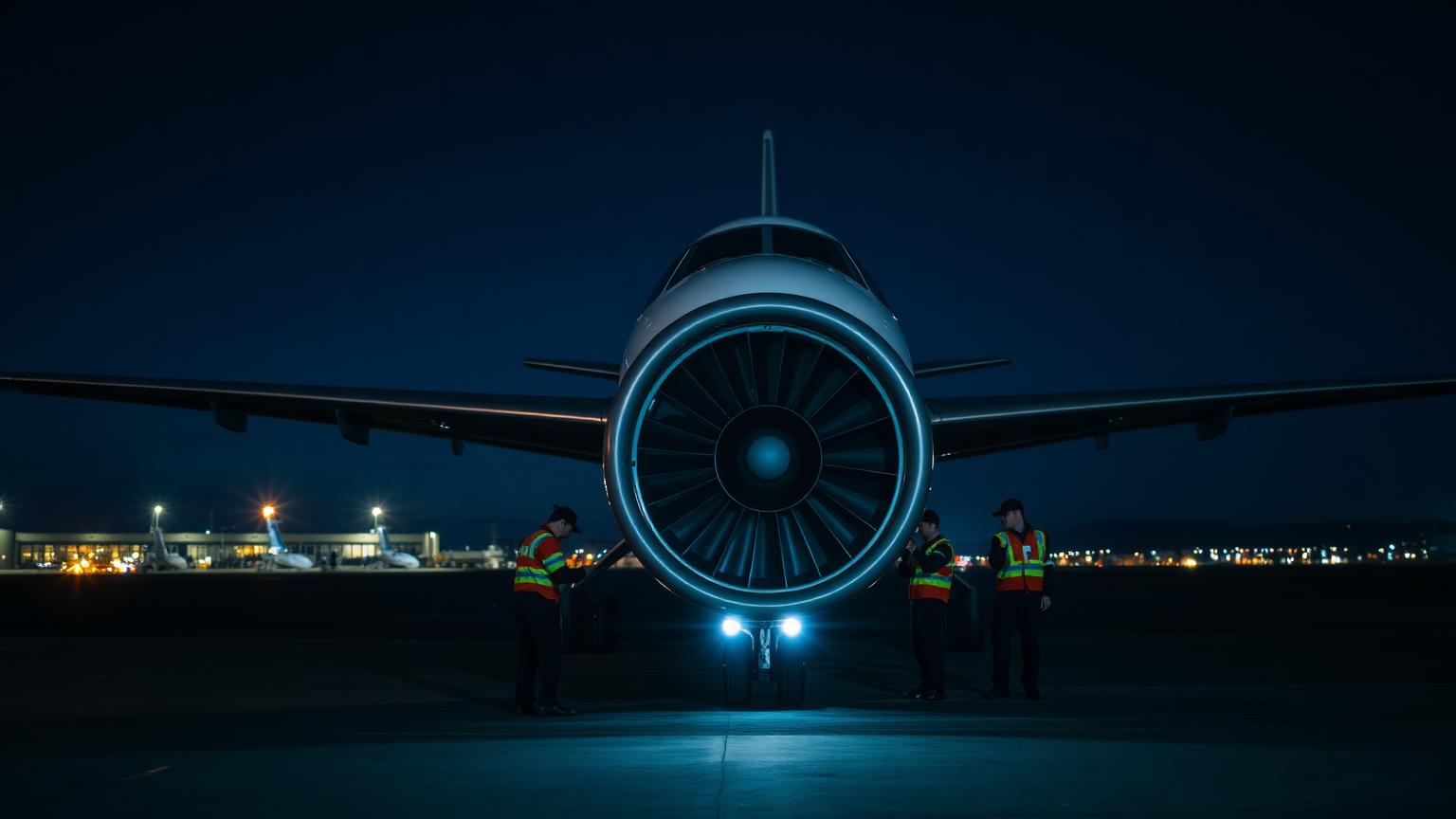 Engineers inspecting a jet engine on the apron at night