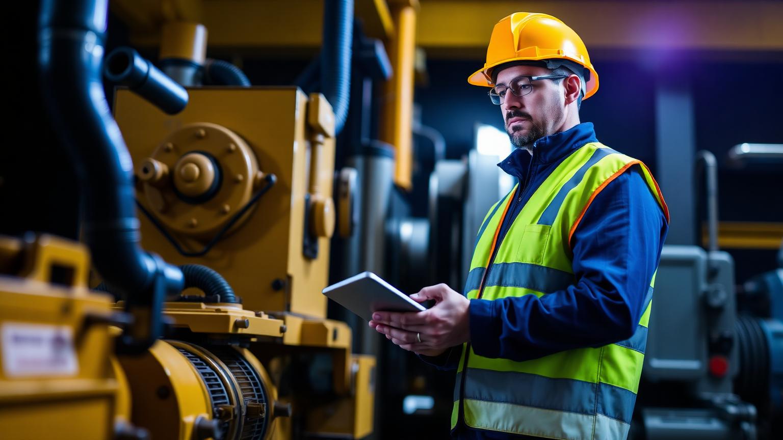 Technician in safety gear reading a tablet beside heavy machinery