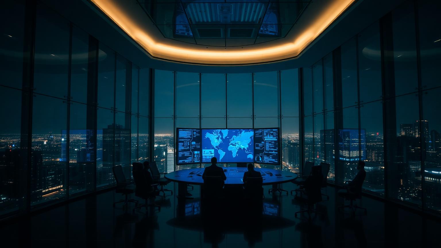 Executive boardroom at night with glowing data screens above a city skyline