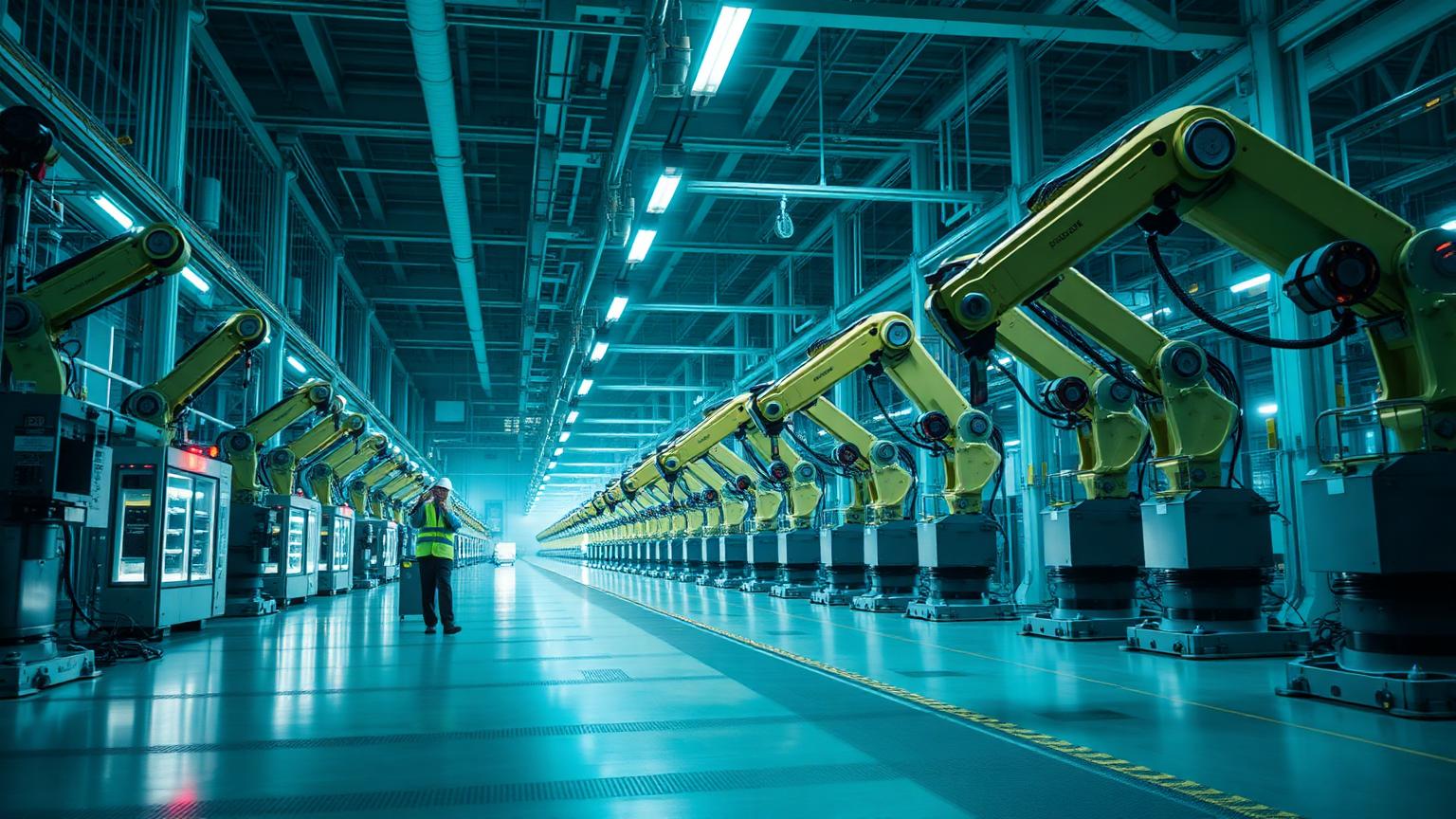 Advanced GE manufacturing floor at night with robotic assembly arms and a technician
