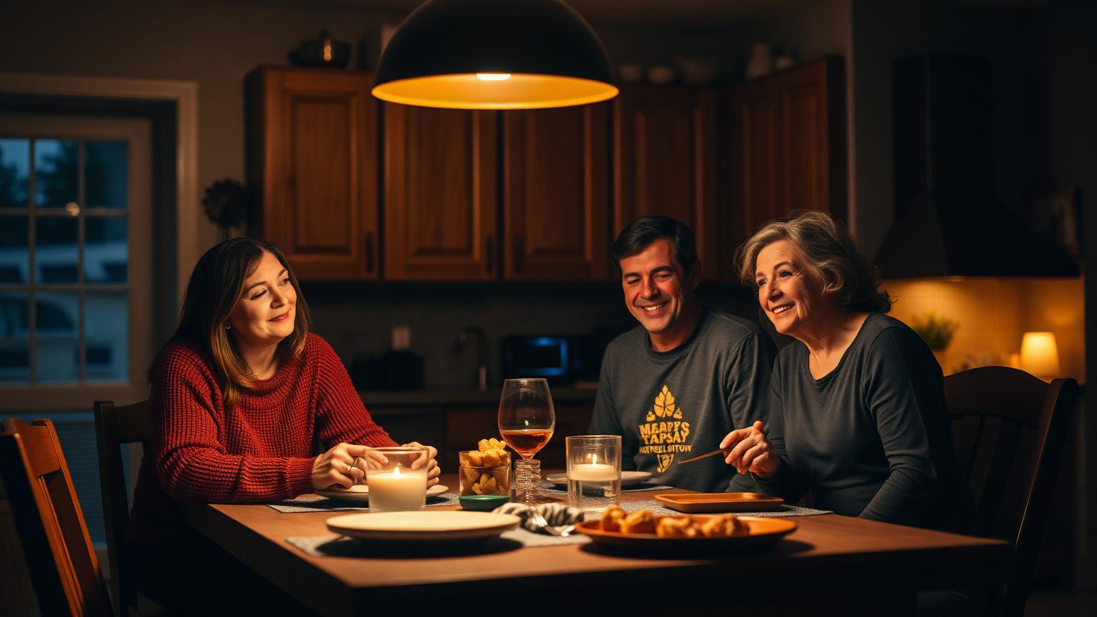Family sitting together at a warm, lamp-lit kitchen table in the evening