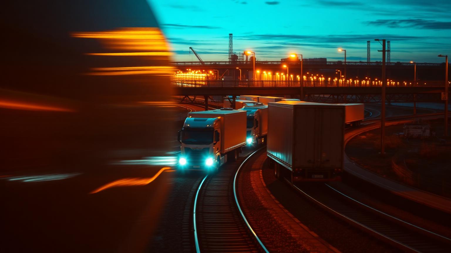 Freight train and long-haul trucks crossing an illuminated logistics corridor at dusk