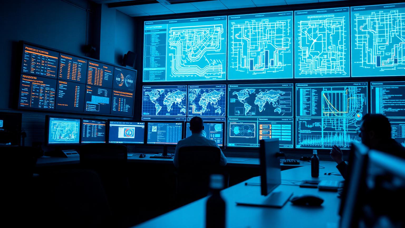 Utility grid control room at night with operators monitoring power network diagrams and load charts