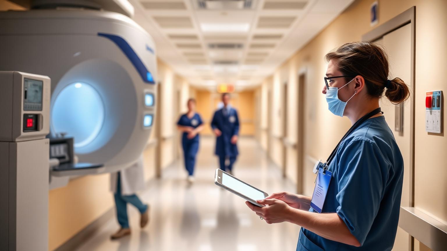 Hospital biomedical engineer with a tablet servicing imaging equipment in a clinical corridor