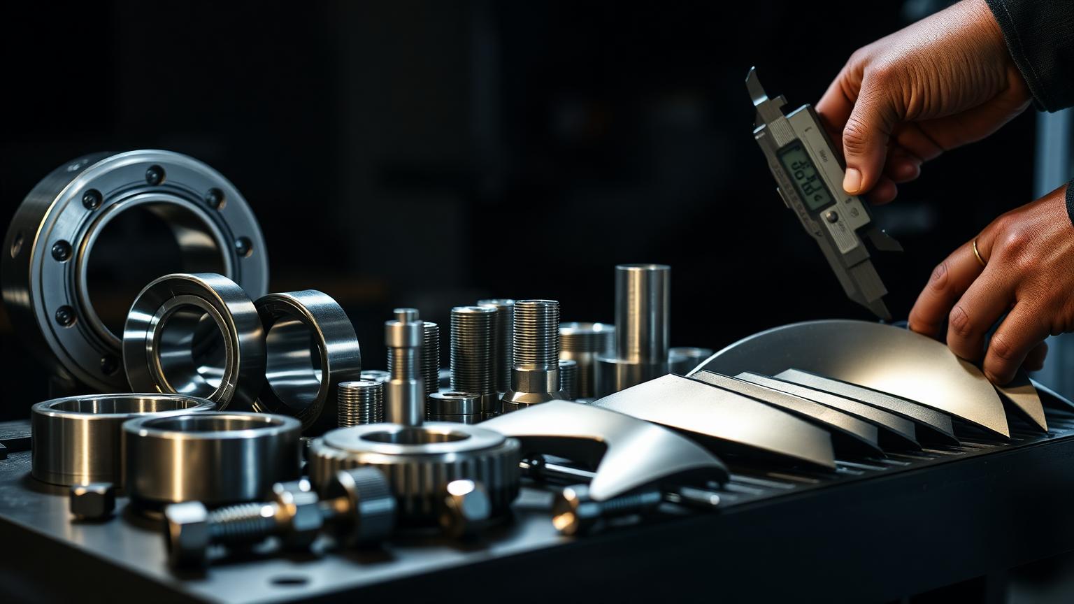Precision bearings, bolts and turbine blades on an inspection bench with a machinist measuring