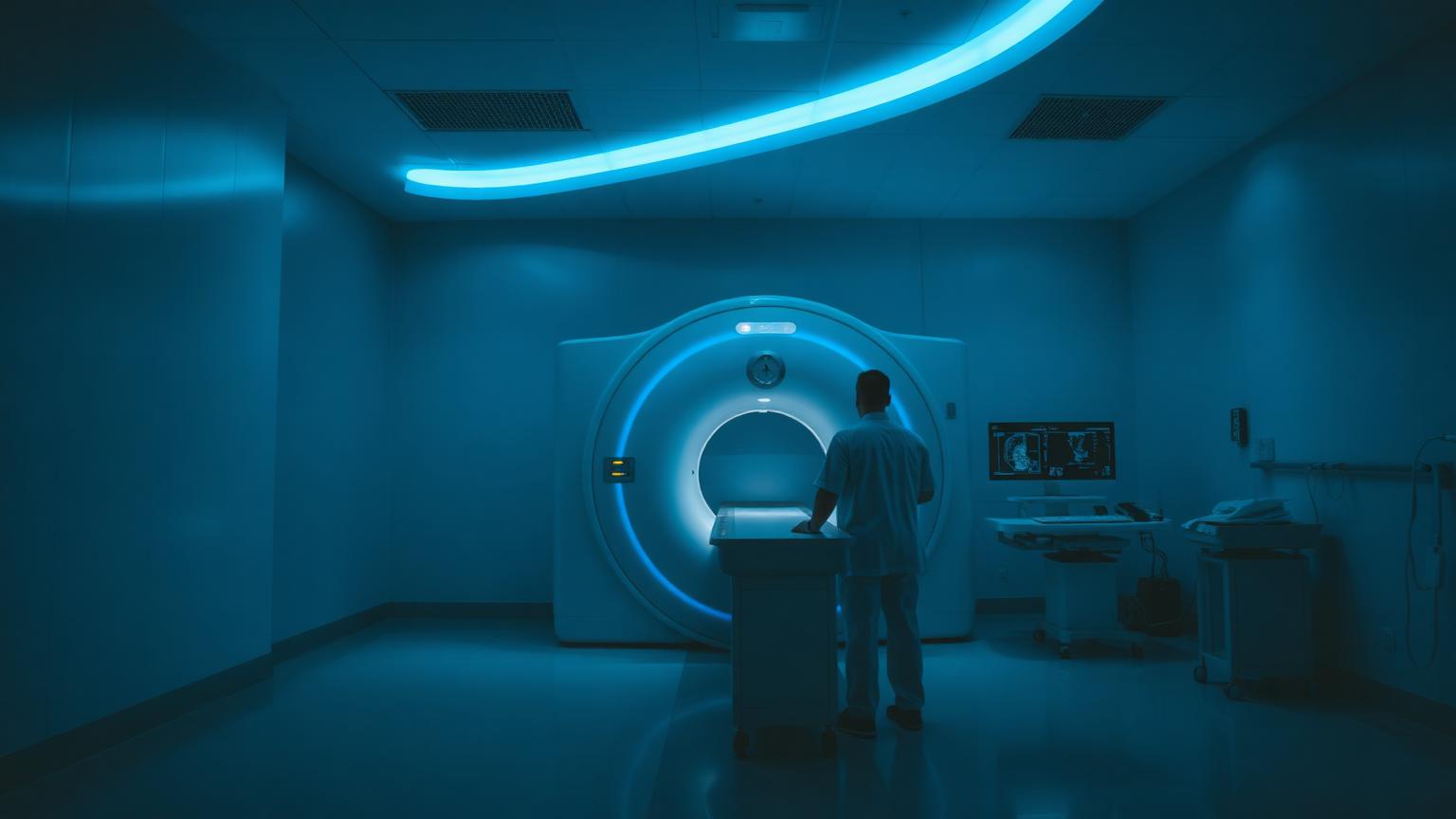 MRI scanner in a hospital imaging suite with a radiographer at the console