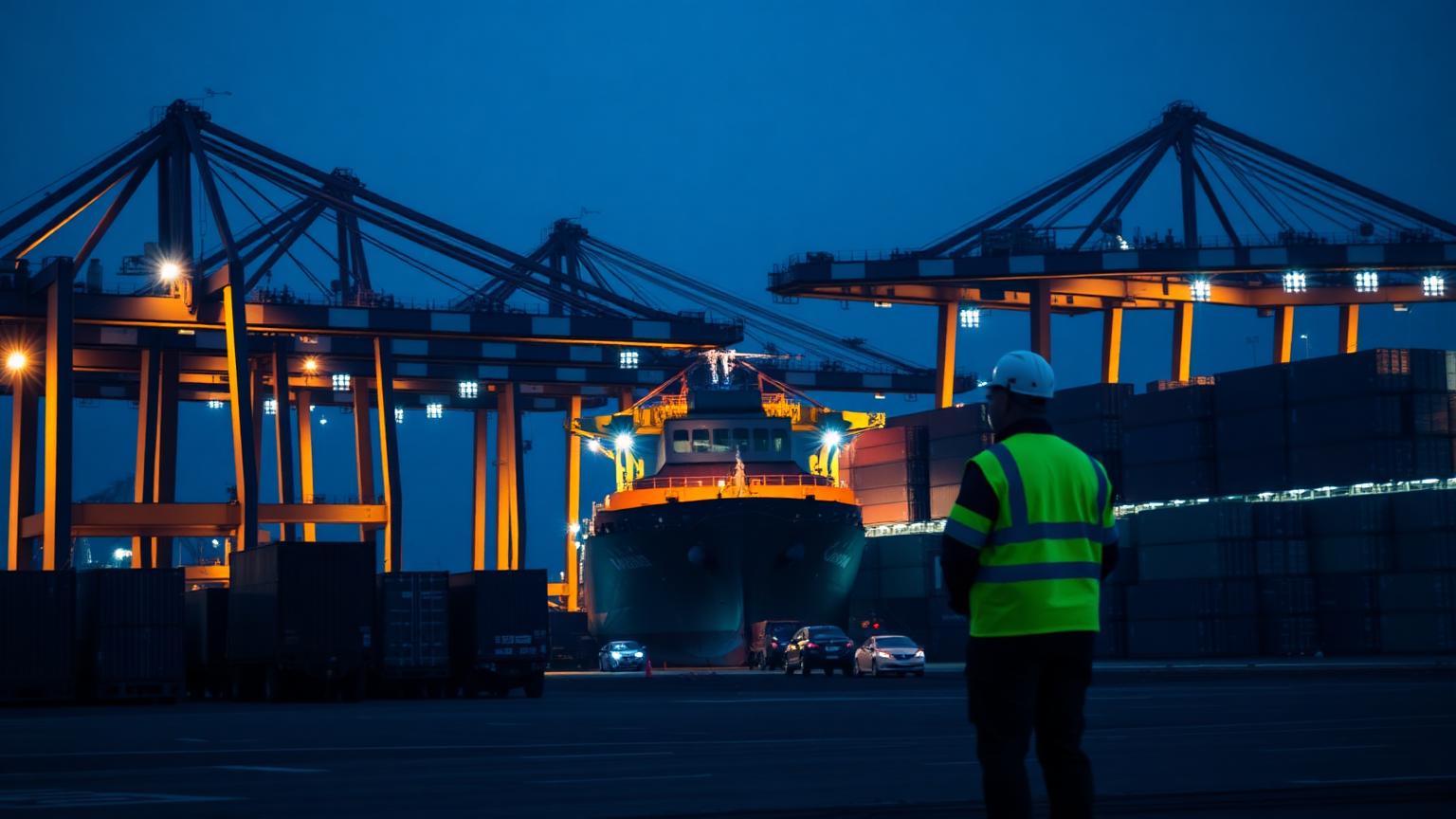 Container port at blue hour with gantry cranes loading a ship and a dockworker in hi-vis