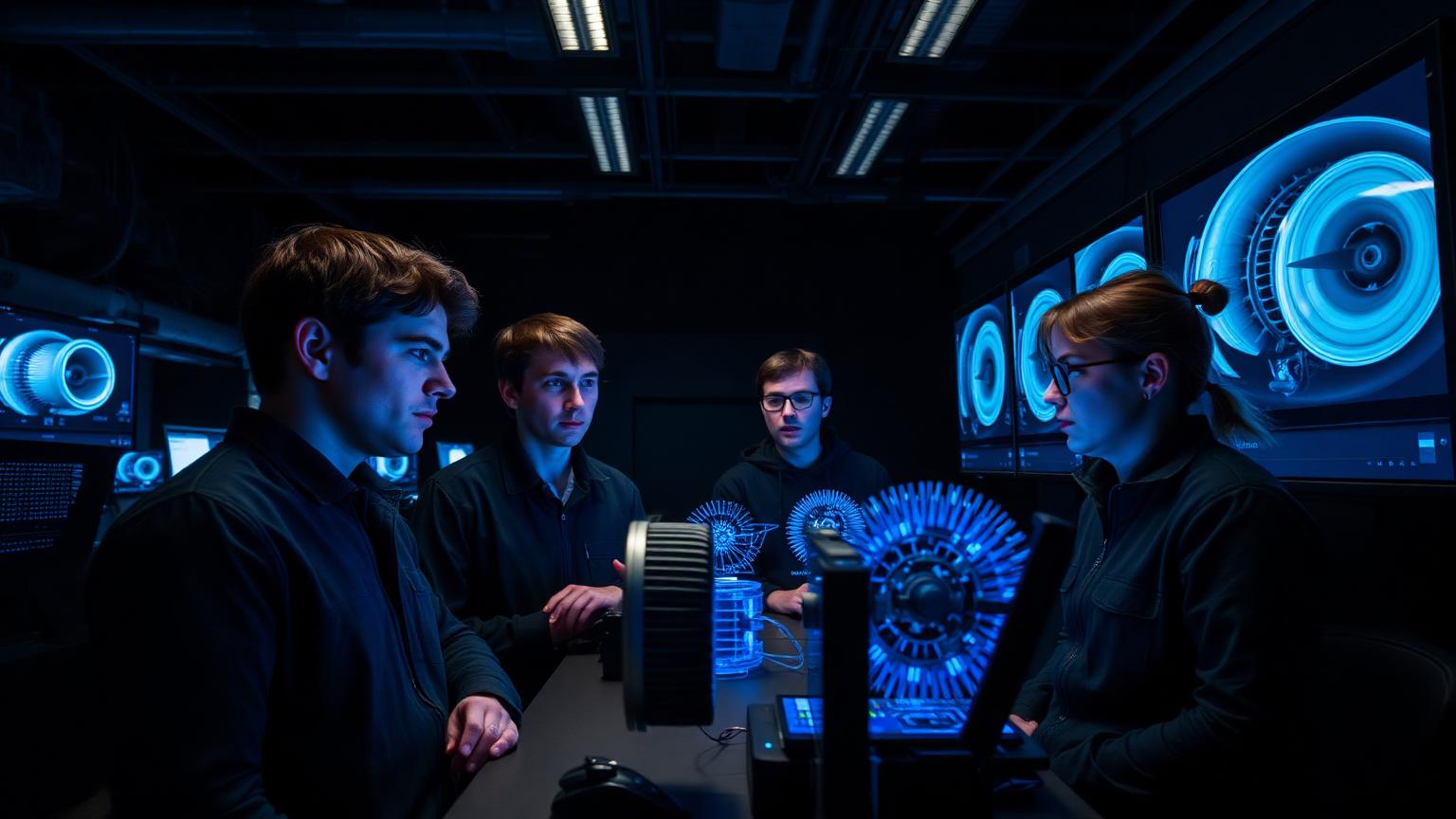 Engineering students studying glowing turbine models in a dark lab