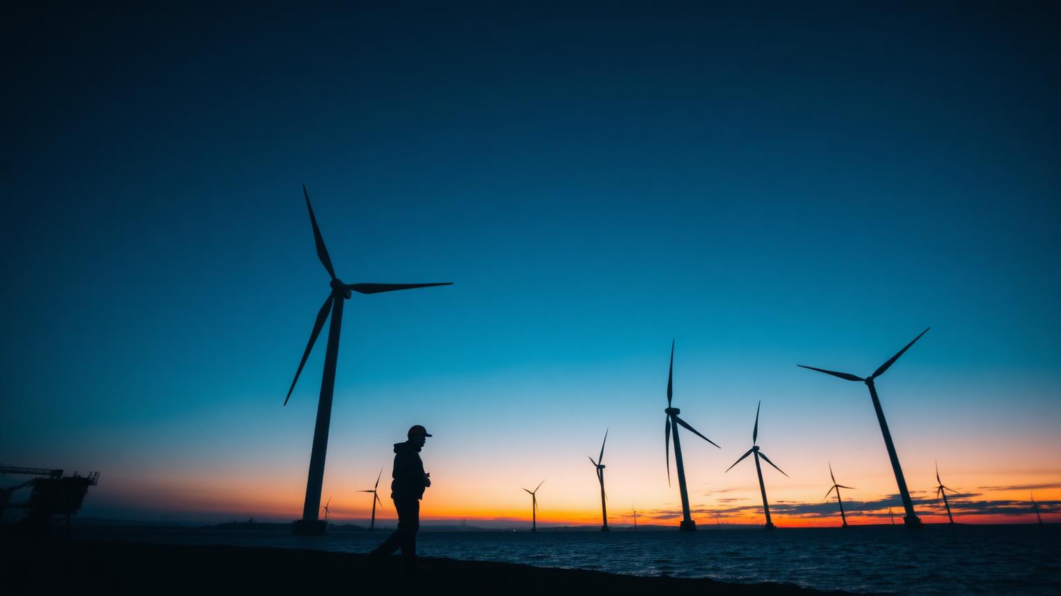 Wind turbines silhouetted at dusk with a technician walking at the base